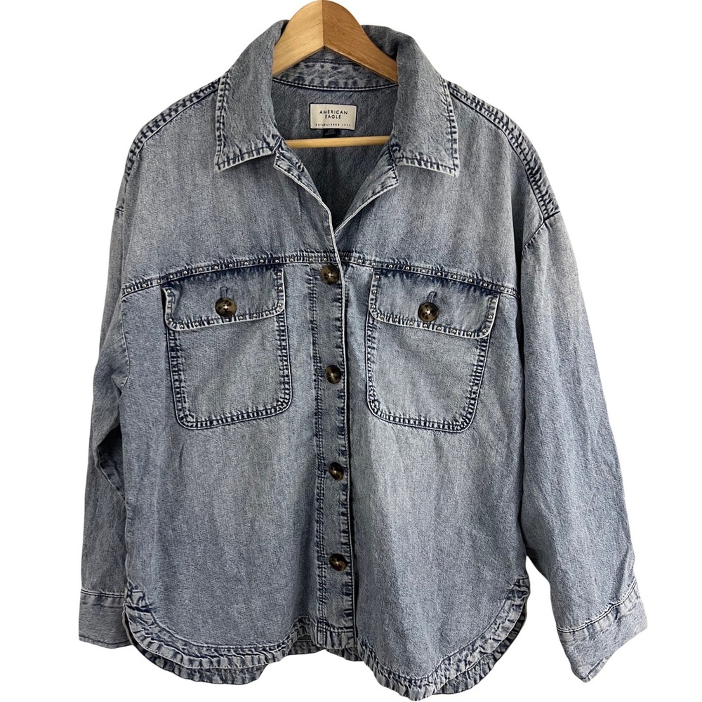 American Eagle Denim Shacket Women Large Blue Studded Acid Wash Button Up